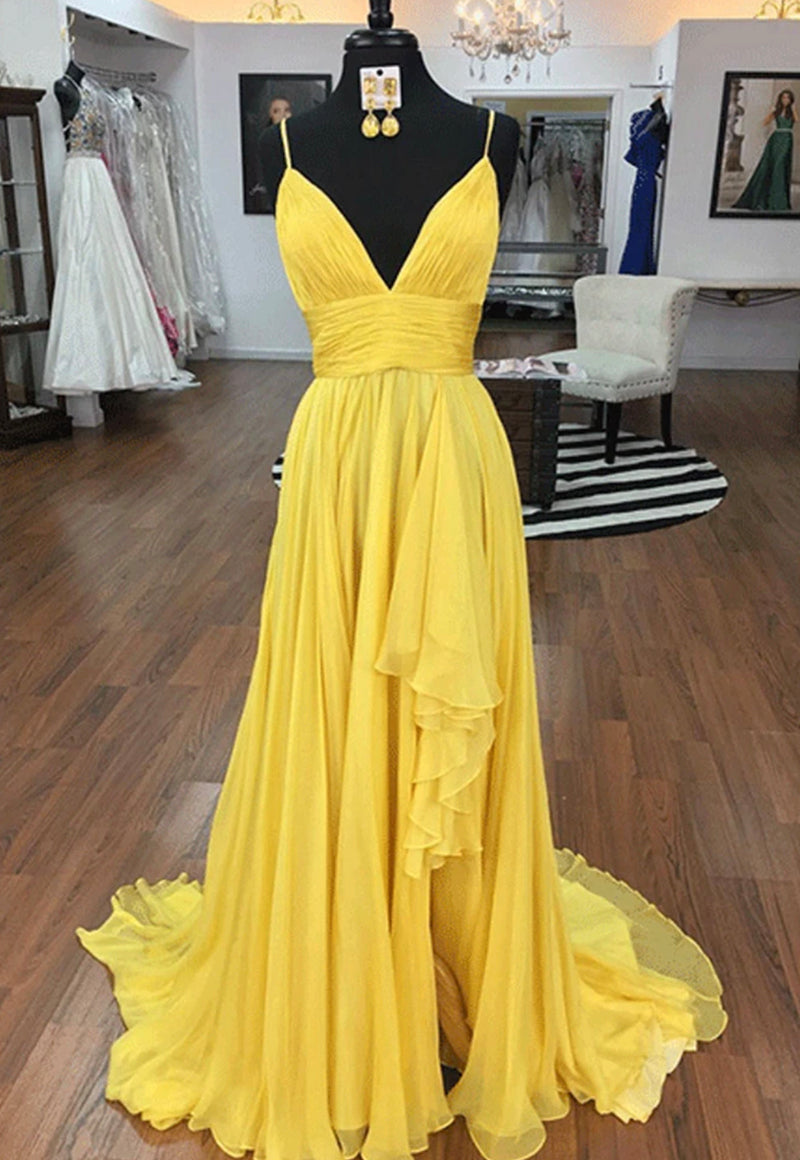Yellow V-Neck Chiffon Long Dress - Prom Gown