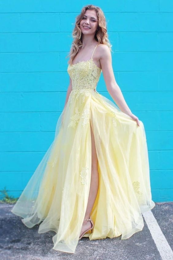 Yellow A-Line Prom Dress with Lace Appliques - Tulle Gown