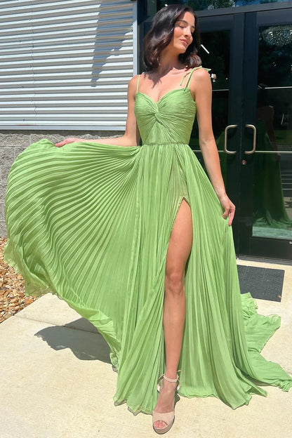 Green Twist-Front Pleated Prom Dress with Slit,AST1256