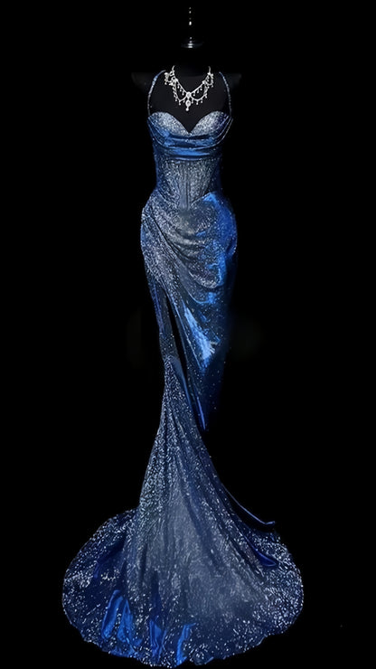 Blue Mermaid Prom Dresses Long Evening Night Dress With High Slit,AST2101