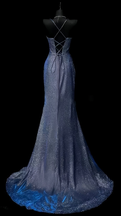 Blue Mermaid Prom Dresses Long Evening Night Dress With High Slit,AST2101