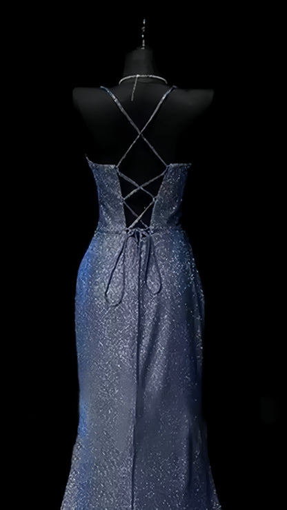 Blue Mermaid Prom Dresses Long Evening Night Dress With High Slit,AST2101