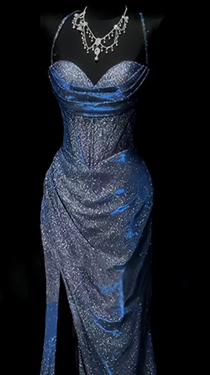 Blue Mermaid Prom Dresses Long Evening Night Dress With High Slit,AST2101