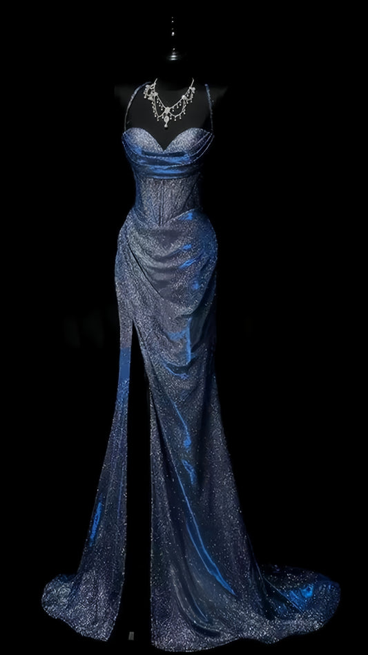 Blue Mermaid Prom Dresses Long Evening Night Dress With High Slit,AST2101
