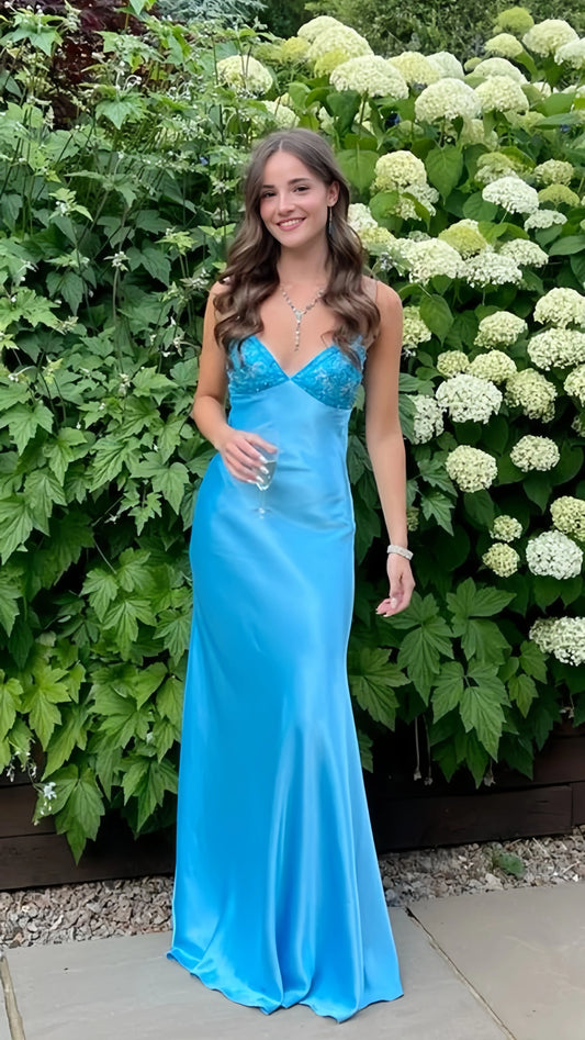 Blue V-neck Long Prom Dresses Beaded Sheath Party Dress,AST2081