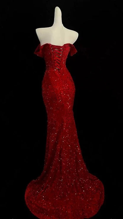 Burgundy Red Sequin Mermaid Prom Dresses Long Evening Party Dress,AST2131
