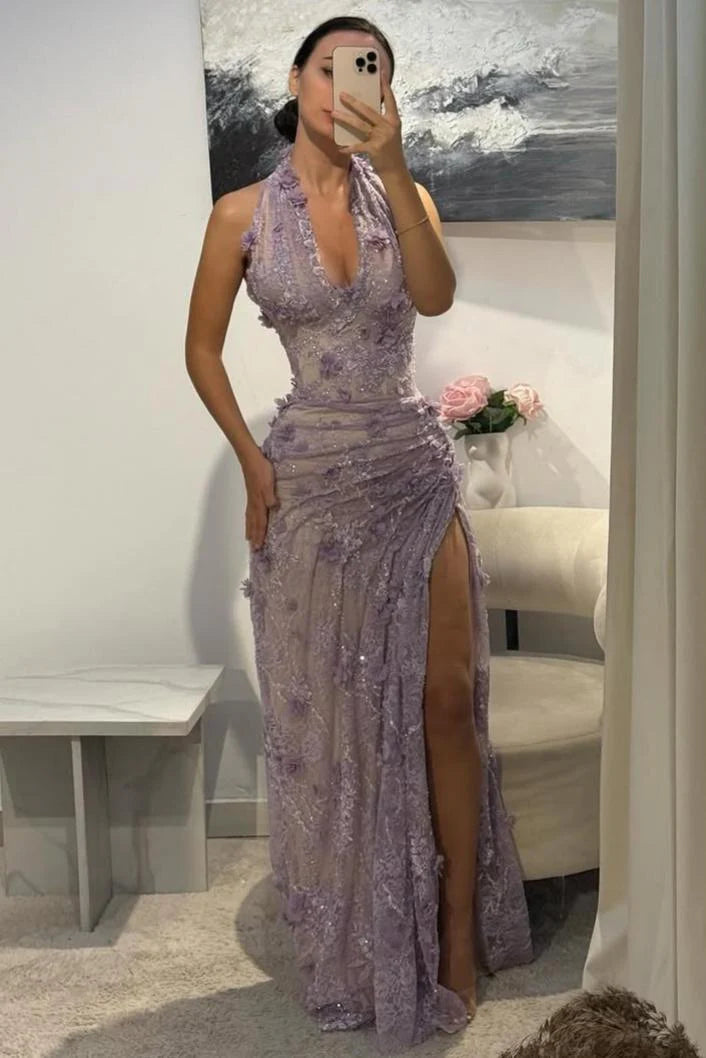 Sexy Halter 3D Flowers Long Prom Dresses Sleeveless Evening Formal Dress,AST2291