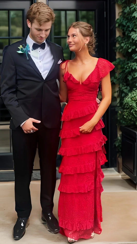 Sexy Lace Red Long Prom Dresses Evening Dress With Slit,AST2073