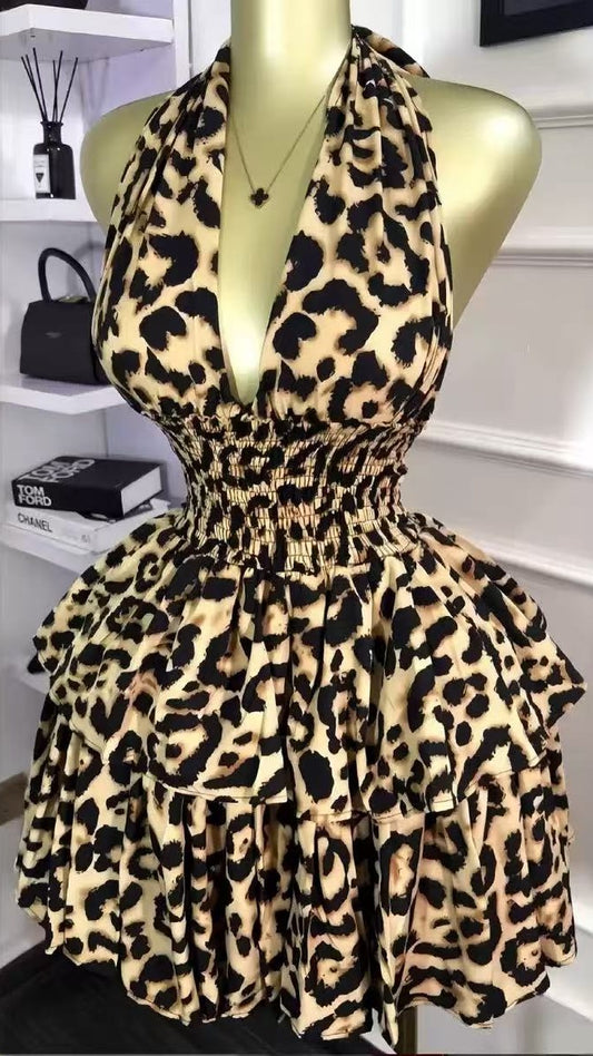 Sexy Leopard Chiffon Halter Homecoming Party Dresses,AST1981