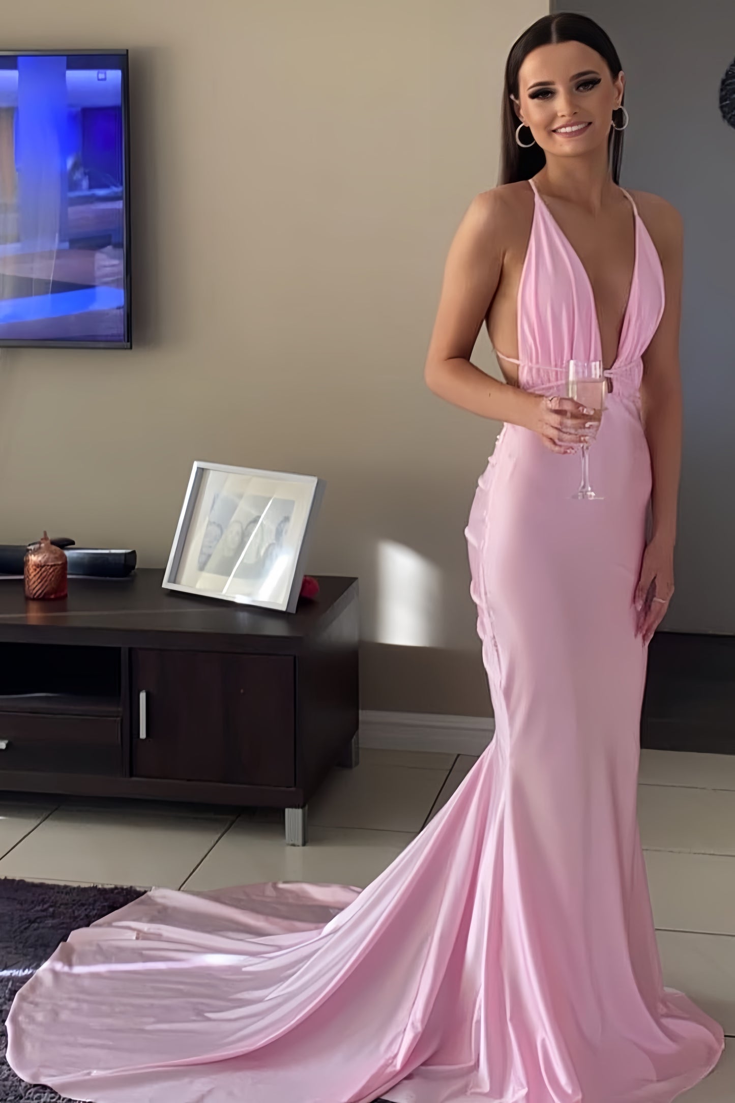 Sexy Light Pink Deep V-Neck Mermaid Prom Dresses With Sweep Train, AST1486