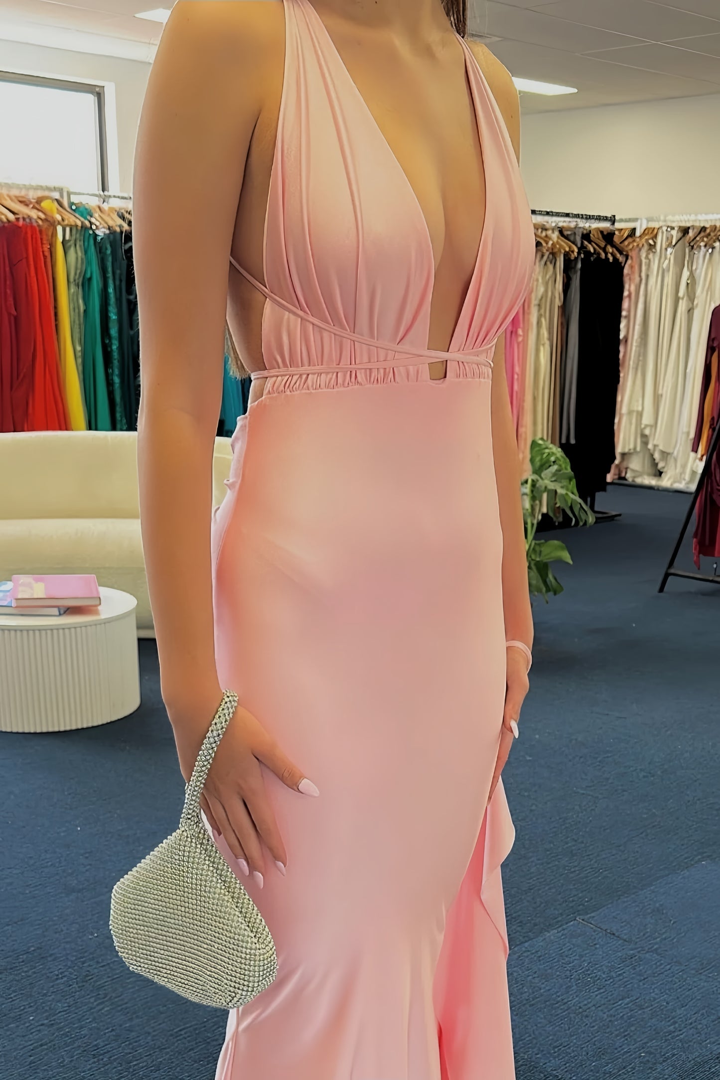 Sexy Light Pink Deep V-Neck Mermaid Prom Dresses With Sweep Train, AST1486