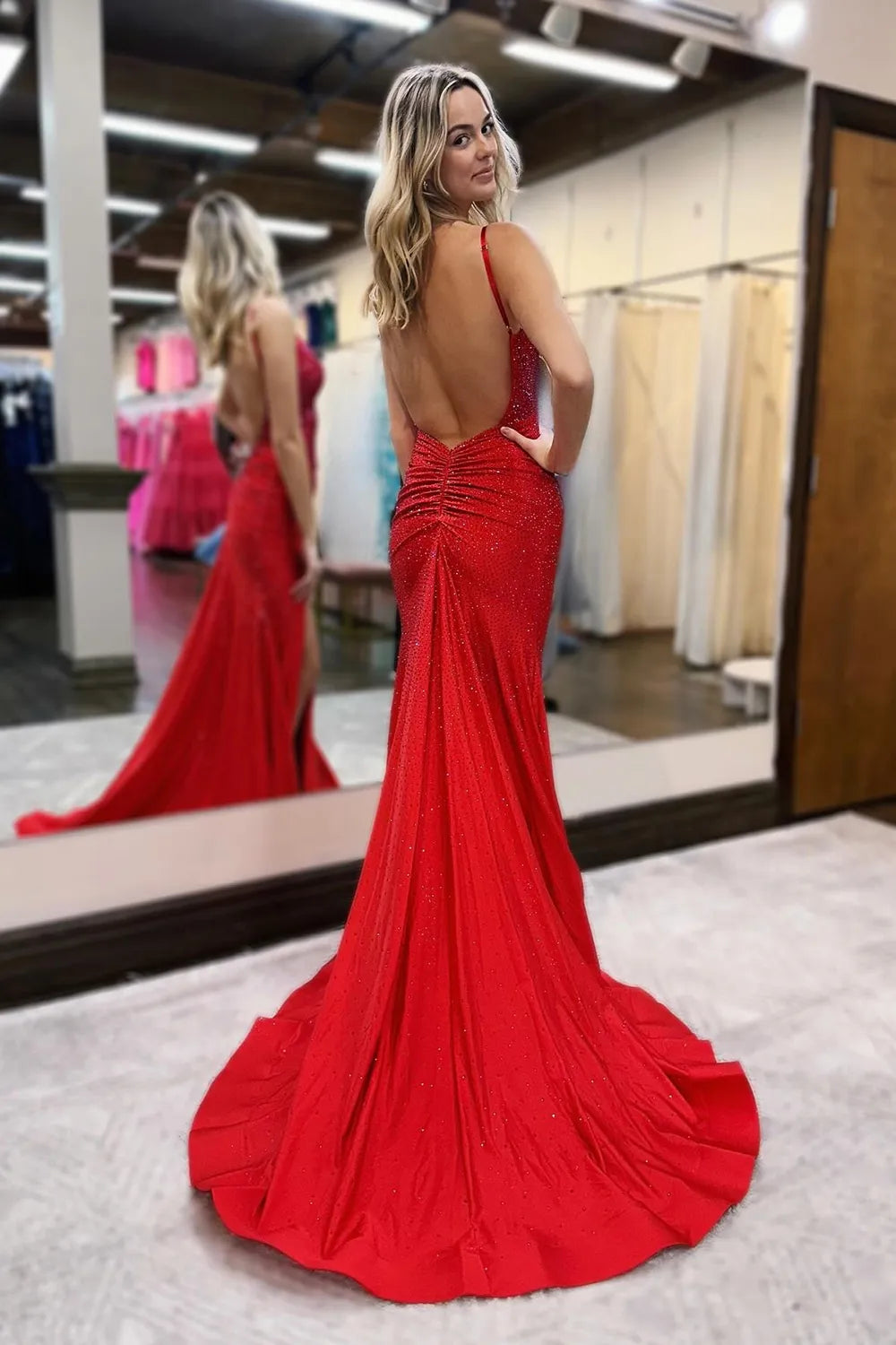 Sexy Mermaid Prom Dress in Glitter Fabric with Open Back and Beaded Corset Bodice