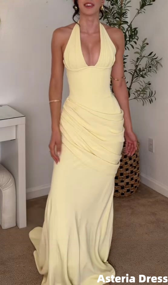 Sexy Pastel Yellow Halter Mermaid Prom Dresses Slim Pleated Formal Dress