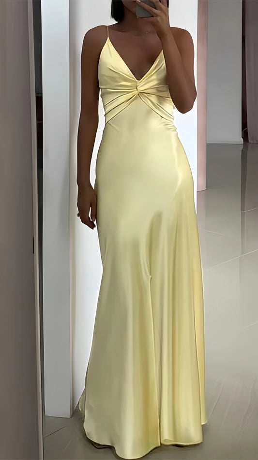 Pastel Yellow V-Neck Prom Dresses Long Party Evening Dress,AST2079