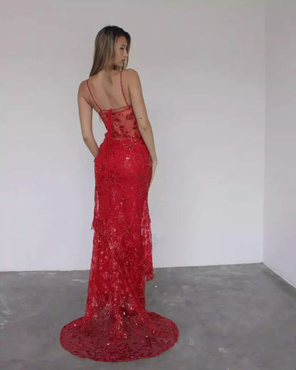 Sexy Red Lace Mermaid Long Prom Dress with Appliques, AST893 - Asteria