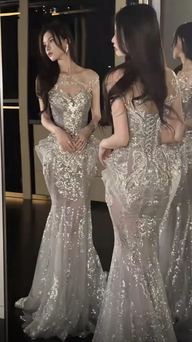 Sexy Silver Mermaid Prom Dresses Sequin Lace Tulle Evening Party Dress,AST2231