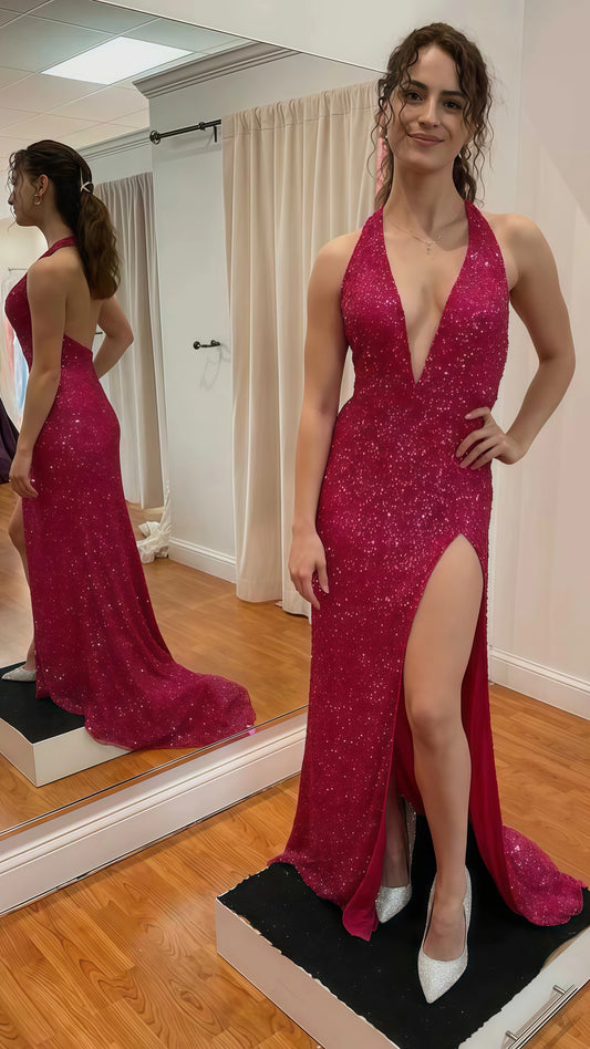 Sexy V-Neck Halter Prom Dresses With Split,AST1641