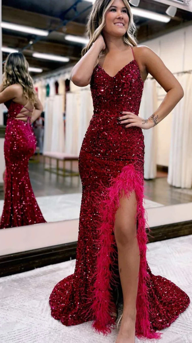 Sexy V-neck Feather Prom Dress, Split Sequin Evening Gown,AST1630