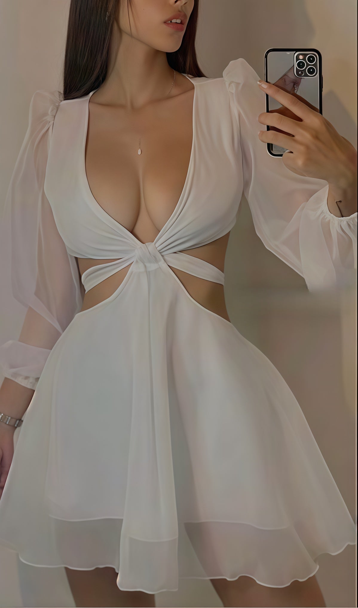 Sexy White Chiffon Homecoming Dresses Long Sleeves Short Party Dress,AST1910