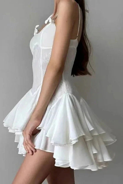 Sexy White Ruffle Homecoming Dresses Spaghetti Straps Party Dresses Bali Holiday Beach Dress,AST2140