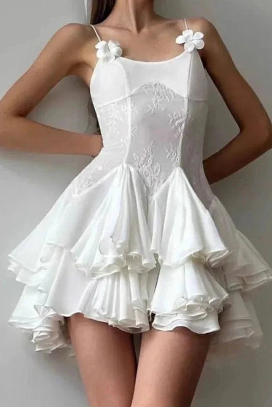 Sexy White Ruffle Homecoming Dresses Spaghetti Straps Party Dresses Bali Holiday Beach Dress,AST2140