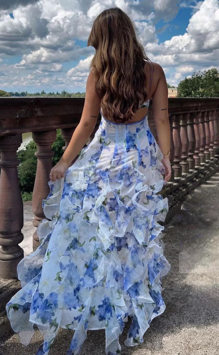 Mermaid Ruffle Floral Print Floor Length Prom Dress,AST922 - Asteria