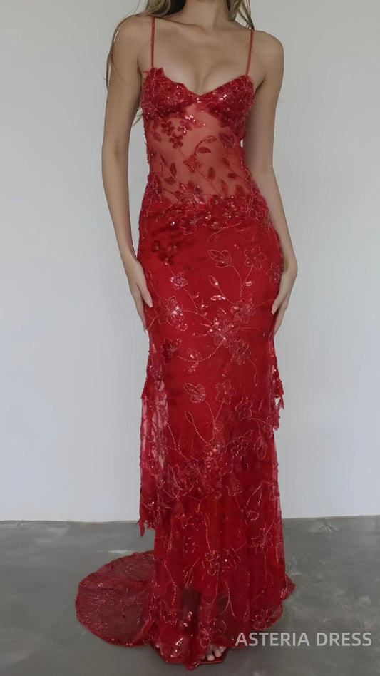 Sexy Red Lace Mermaid Long Prom Dress with Appliques, AST893