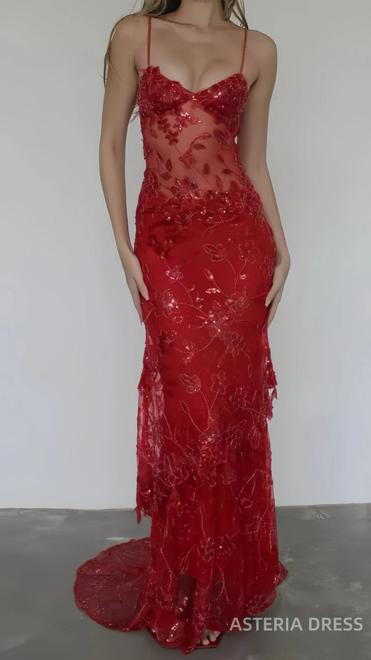 Sexy Red Lace Mermaid Long Prom Dress with Appliques, AST893