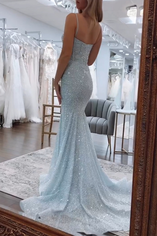 Bling Mermaid Spaghetti Straps Light Blue Sequins Long Prom Dress