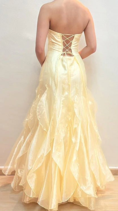 Shiny Yellow Organza Prom Dresses Strapless Ruffle Party Dress,AST2206