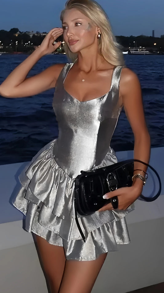 Silver Bodycon V-Neck Homecoming Dress Ruffle Hoco Dresses, AST1937