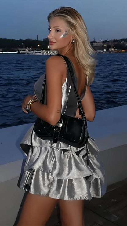 Silver Bodycon V-Neck Homecoming Dress Ruffle Hoco Dresses, AST1937