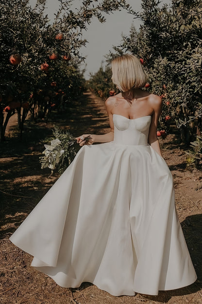 Simple Ivory/White Wedding Dresses Satin A-line Bridal Gown,AST2151