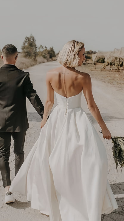 Simple Ivory/White Wedding Dresses Satin A-line Bridal Gown,AST2151