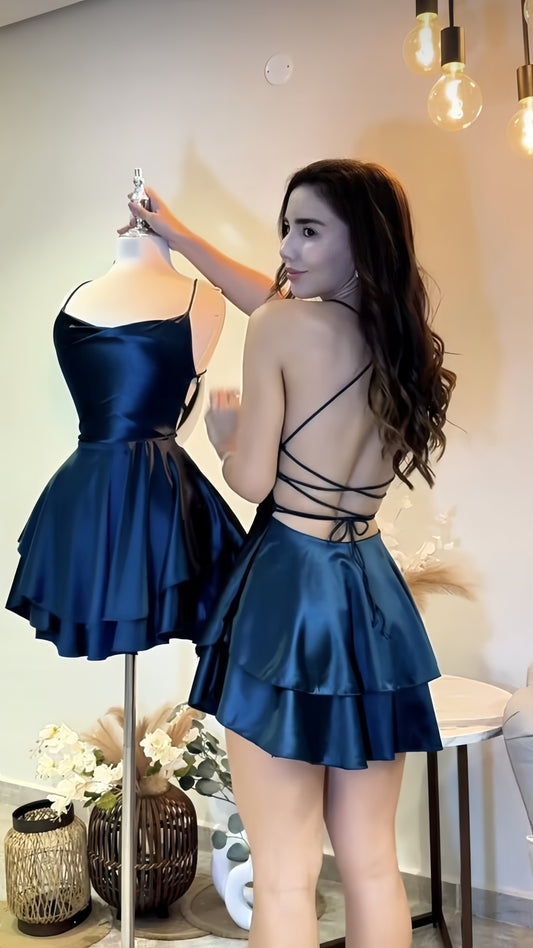 Simple Navy Blue Homecoming Dresses Cross Back Party Dress,AST1889
