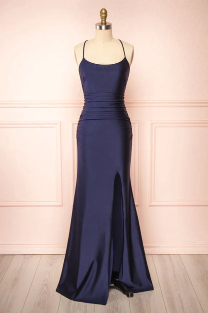 Simple Navy Blue Mermaid Prom Dress Long Satin Evening Gown, AST917 - Asteria