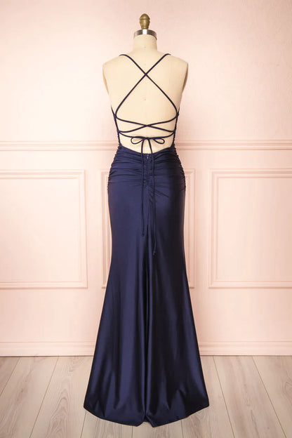 Simple Navy Blue Mermaid Prom Dress Long Satin Evening Gown, AST917 - Asteria