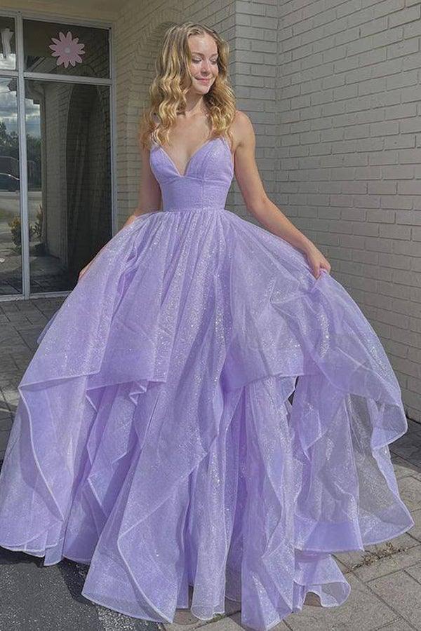 Simple V Neck Tulle Long Prom Dress Lilac Tulle Formal Dress,AST1245