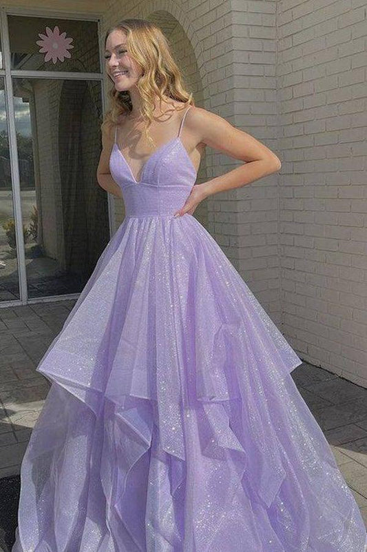 Simple V Neck Tulle Long Prom Dress Lilac Tulle Formal Dress,AST1245