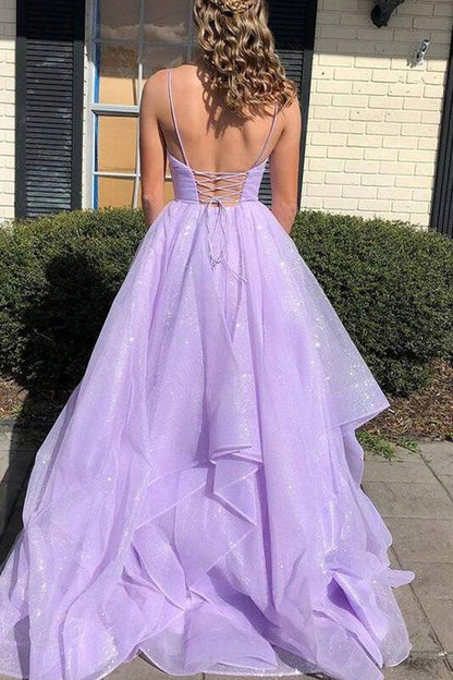 Simple V Neck Tulle Long Prom Dress Lilac Tulle Formal Dress,AST1245