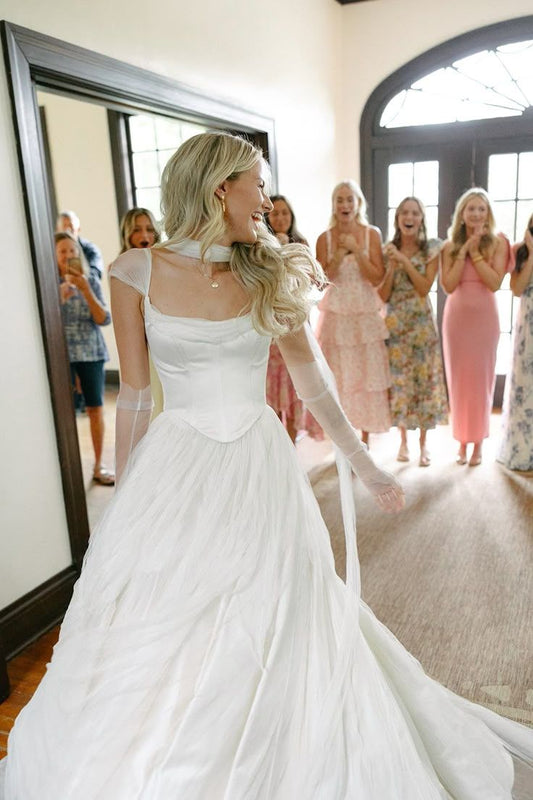 Simple White A-line Chiffon Wedding Dresses Pleated Cap Sleeves Bridal Gown,AST2172