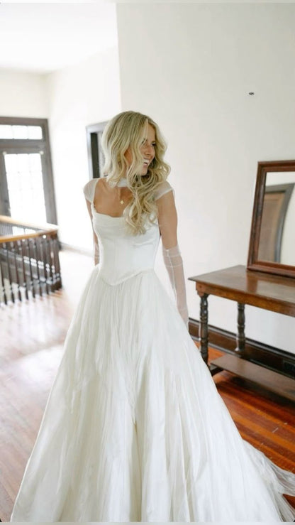 Simple White A-line Chiffon Wedding Dresses Pleated Cap Sleeves Bridal Gown,AST2172