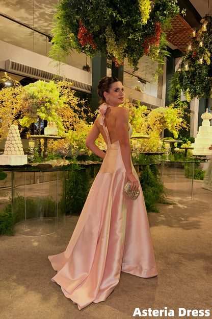 Simple Pink Halter Satin Mermaid Prom Dresses