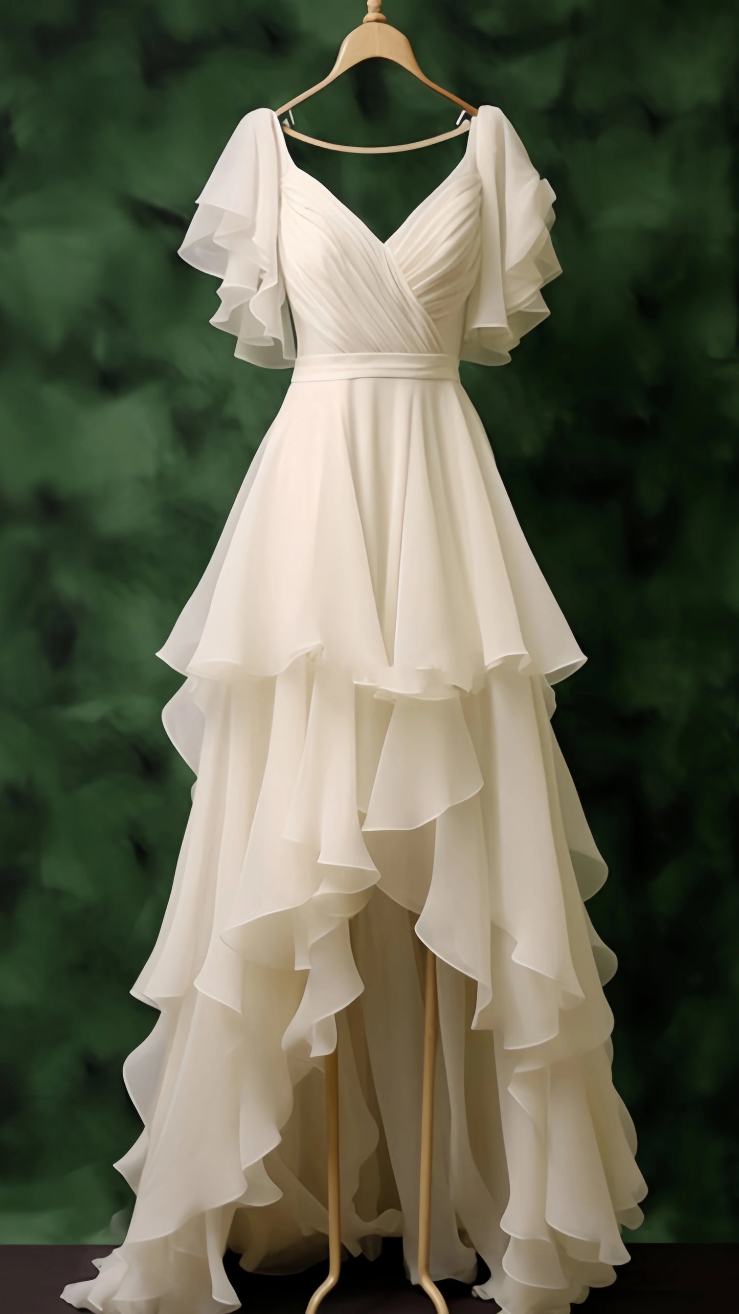 Simple White Chiffon High Low Prom Dresses Ruffle Wedding Dress,AST2156