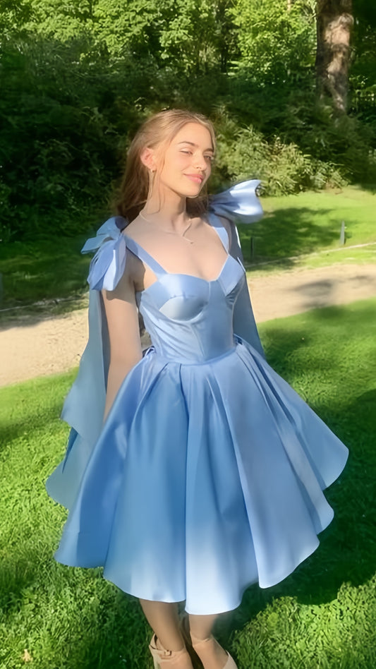 Sky Blue A-Line Homecoming Dresses Bowknot Straps Hoco Graduation Dress,AST2013