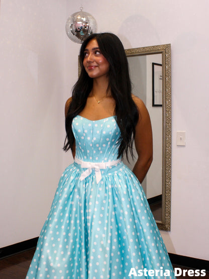 Sky Blue A-Line Polka Dots Long Prom Dresses, Evening Gown