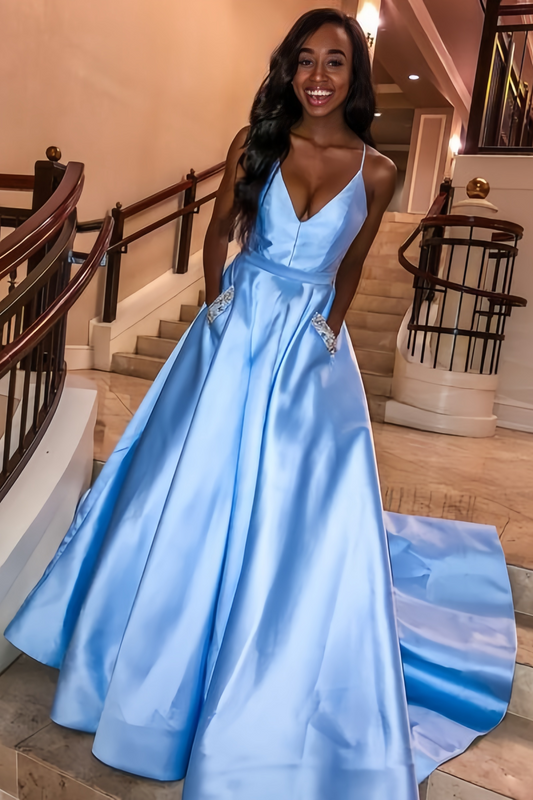 Sky Blue A-line Satin Prom Dresses Beaded Evening Party Dress With Pockets,AST2163