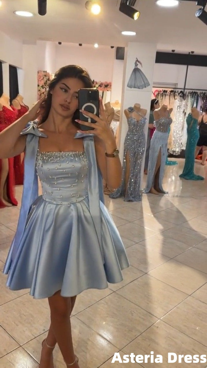 Sky Blue Beaded A-Line Homecoming Dresses With Bowknots