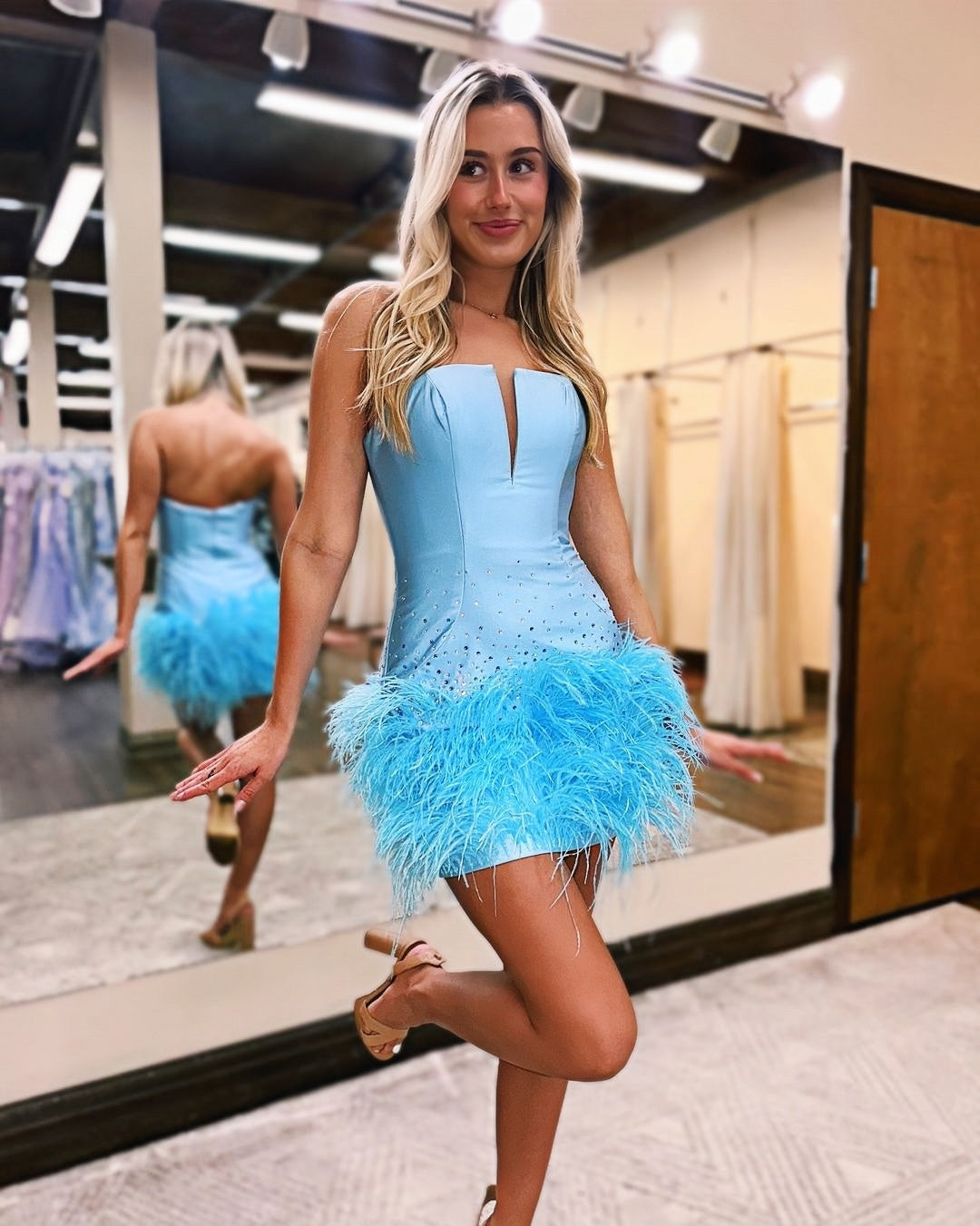 Sky Blue Bodycon Homecoming Dresses With Beaded Feather, AST1414