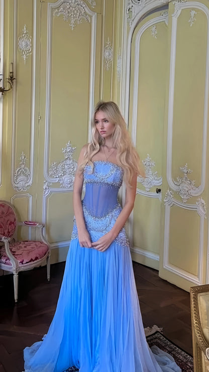 Sky Blue Chiffon Pearl Beaded Prom Dresses Sheath Evening Party Dress,AST2229